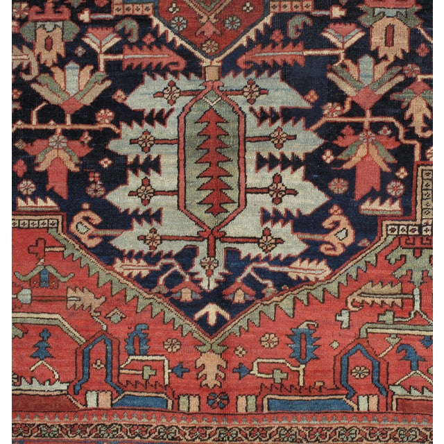 Antique Persian Heriz Carpet Handmade Wool Oriental Rug, Rust, Navy, Light Blue For Sale - Image 13 of 18