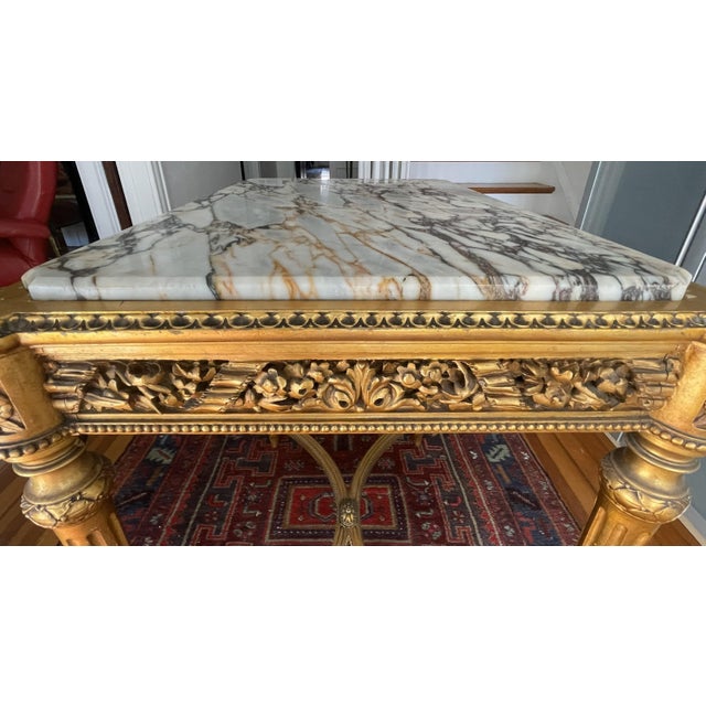 French Antique Louis XVI-Inspired Giltwood Marble-Top Console Table For Sale - Image 3 of 6