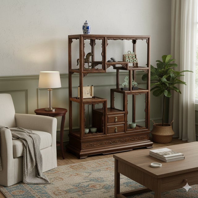Chinese Vintage Brown Stain Chest Height 51" Curio Display Cabinet For Sale In San Francisco - Image 6 of 6