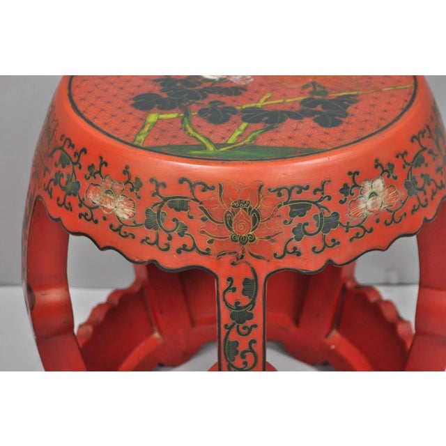 Wood Vintage Chinoiserie Red Lacquer Plant Stand Garden Stool Drum Side Table (B) For Sale - Image 7 of 14