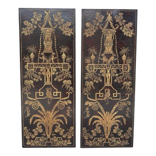 Pair of Huge Maitland Smith Neoclassical Gilded Lacquer Panels W Monkeys & Dogs For Sale