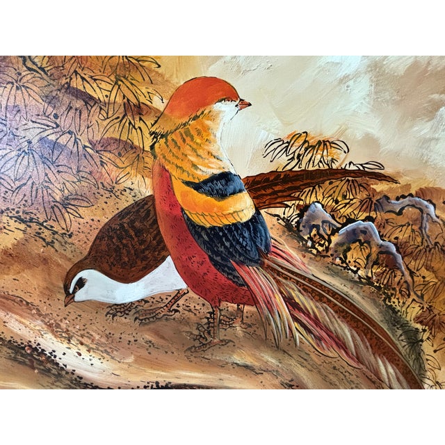 Large-scale statement piece oil on canvas depicting a pair of golden pheasants perched on a gnarled branch, set against a...