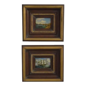 Pair Artist Signed Ship Oil Paintings on Boards