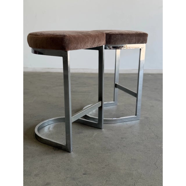 1970s Vintage Cantilevered Bar Stools in Mohair - Pair For Sale - Image 5 of 10