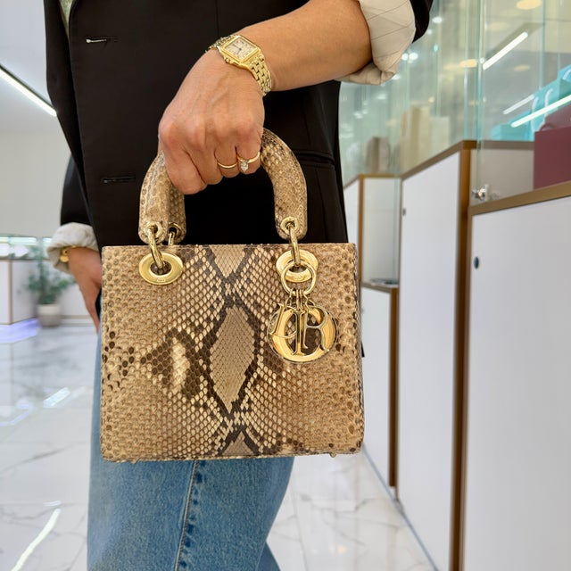 Christian Dior Lady Dior Python Snakeskin Gold Hardware Top Handle Bag For Sale - Image 12 of 12