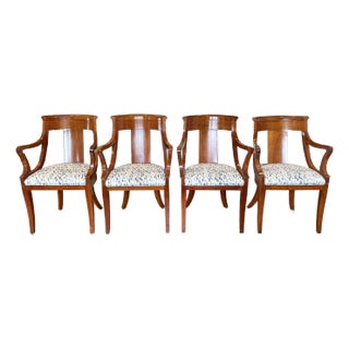 Late 20th Century Baker Furniture Solid Cherry Regency Chairs, Scalamandre Fabric Seats - Set of 4 For Sale