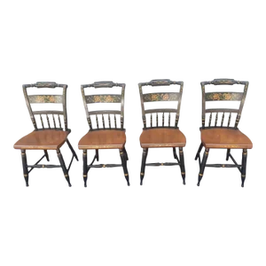 Pair of Lambert Hitchcock Ebonized and Gilt Ornate Maple Dining Chairs