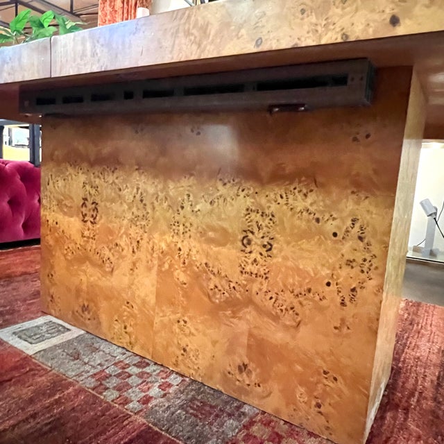 Milo Baughman Style Burl Wood Extendable Pedestal Dining Table For Sale - Image 15 of 15