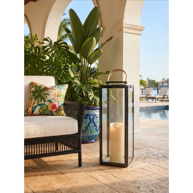 Metal Vintage Modern Polished Gunmetal & Glass Floor Lantern With Tan Leather Handle For Sale - Image 7 of 12