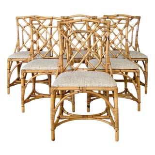 Mid-20th Century Organic Modern Restored Rattan Dining Chairs With Lattice Backs-Set of Six For Sale