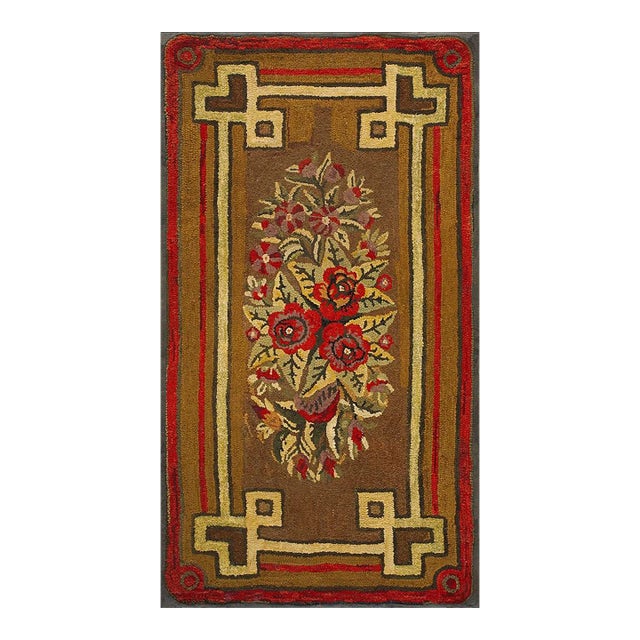 Significant Brown Chocolate Color With Special Floral Design Antique American Hooked Rug For Sale