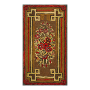 Significant Brown Chocolate Color With Special Floral Design Antique American Hooked Rug