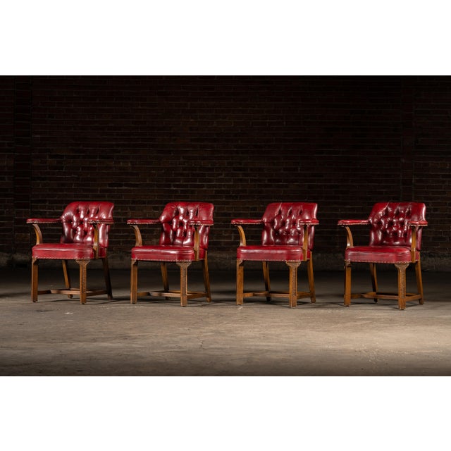 Late 20th Century Set of Four Tufted Leather Bankers Chairs in Red For Sale - Image 4 of 17