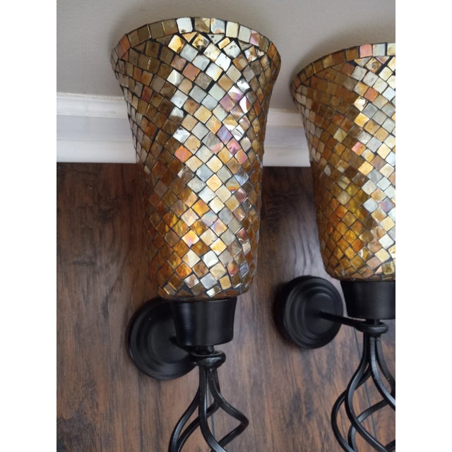Amber Vintage Metal and Amber Color Mosaic Glass Candle Wall Sconces- a Pair For Sale - Image 8 of 12