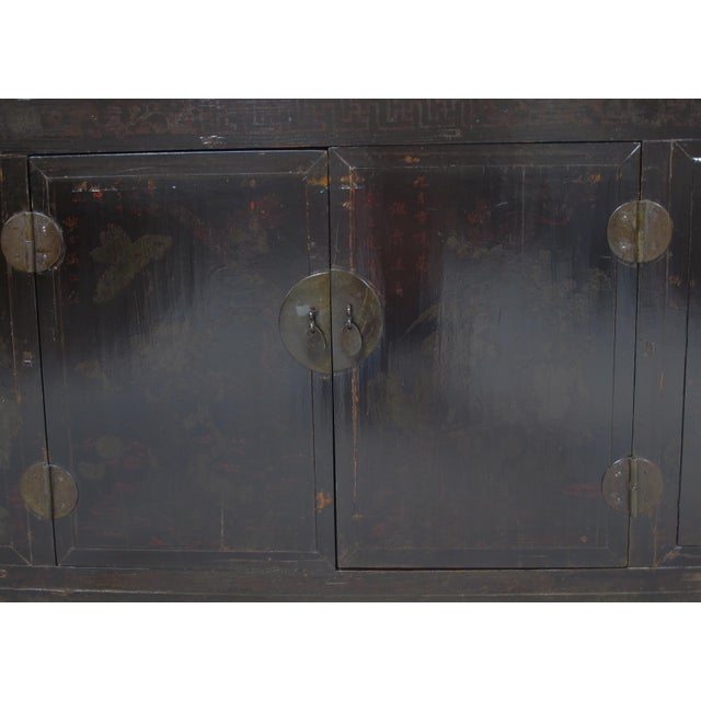Antique Chinese Tall Sideboard With Faded Hand-Painted Doors, Red-Brown Patina For Sale - Image 9 of 11