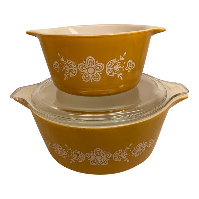 Vintage Pyrex Butterfly Gold Pattern Dishes C. 1972 Matching pair For Sale