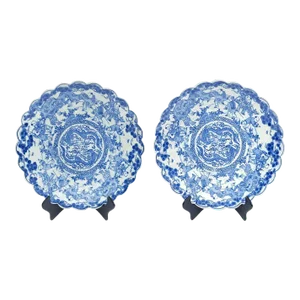 Pair of Chinese Scalloped Blue and White Large Plates or Chargers, Circa 1900
