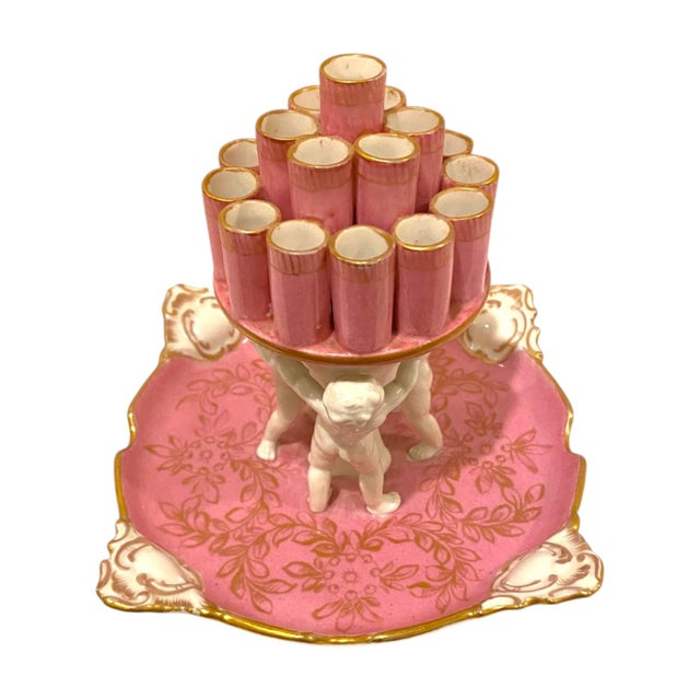 Carl Thieme Antique Carl Thieme Dresden Pink Porcelain Cherub Cigarette Holder / Flower Frog Vase For Sale - Image 4 of 14
