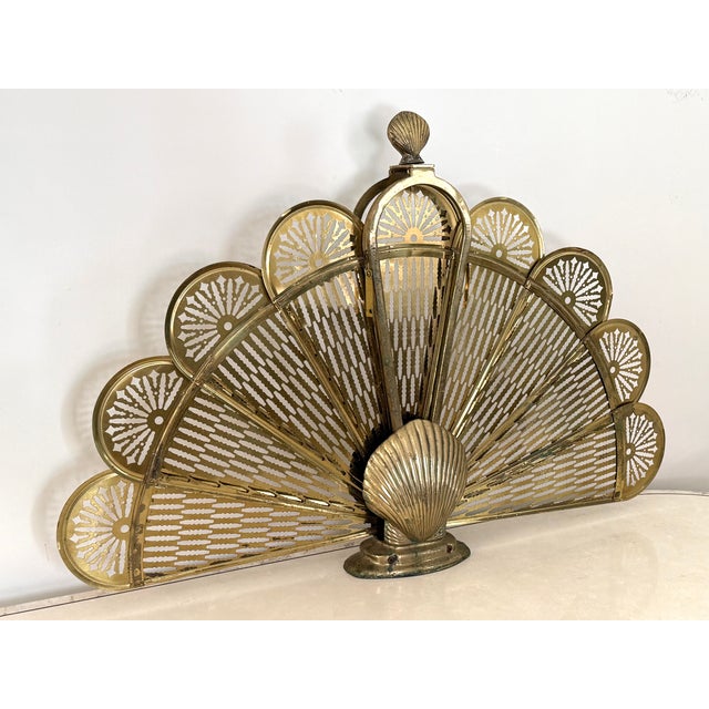 Vintage Brass Peacock Folding Fireplace Screen With Shell Motif For Sale - Image 12 of 15