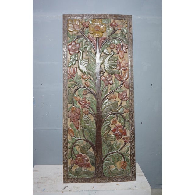 Vintage Tree of Life Hand-Carved Barn Door Panel | Rustic Earthy Wood Wall Art 84x36 For Sale - Image 4 of 8