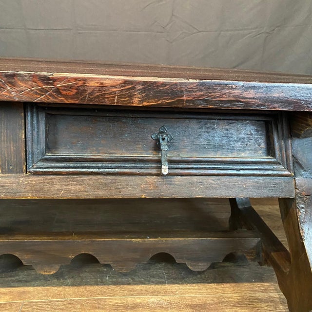 Brown Antique Spanish Coffee Table With Double Sided Drawers and Lyre Legs For Sale - Image 8 of 11