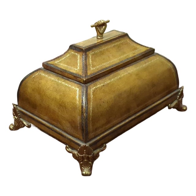 1980s Maitland Smith Tooled Leather and Brass Mounts Decorative Box For Sale
