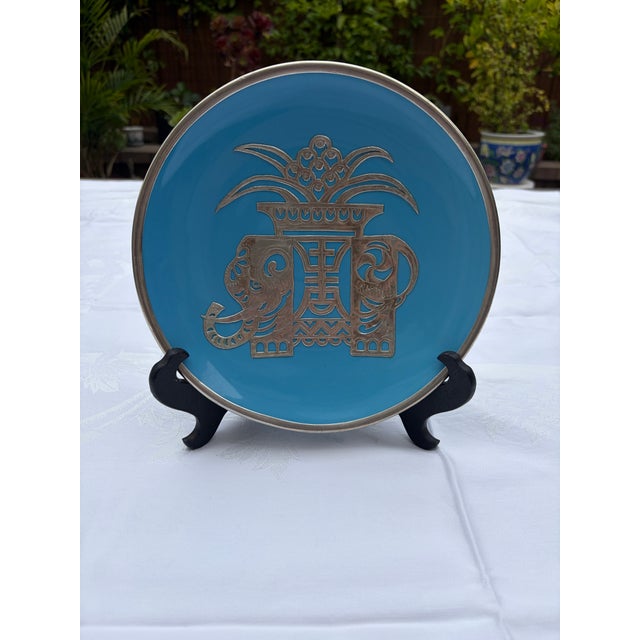 Mid-Century Modern Mid 20th Century Asian Champlevé Style Turquoise Enamel & Pierced Metal Elephant Plate - 10" For Sale - Image 3 of 11