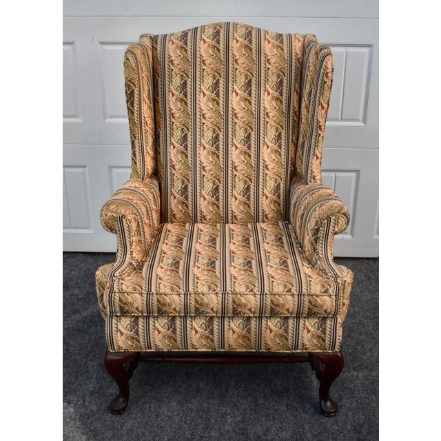 Wood Vintage Queen Anne Wingback Chair Mahogany Cabriole Leg Striped Tapestry Floral For Sale - Image 7 of 15