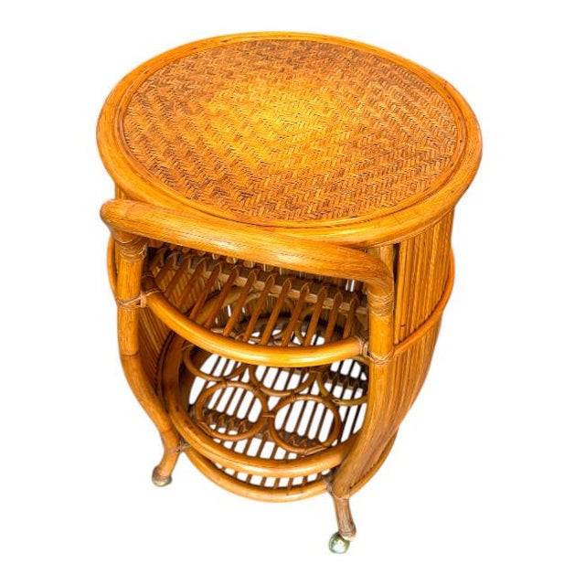 Mid-Century Modern Italian Mid Century Rattan & Bamboo Barrel Bar Cart For Sale - Image 3 of 11