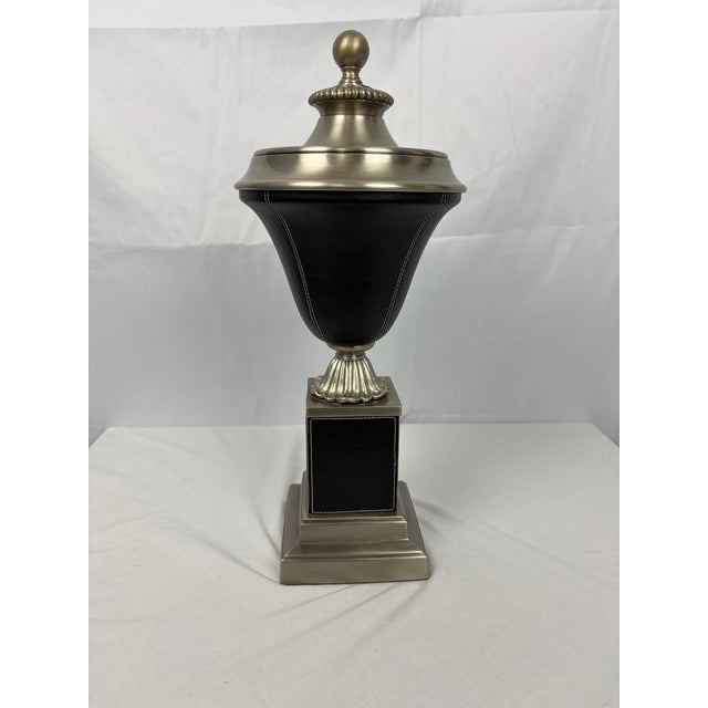 Late 20th Century Neoclassical Style Leather-Wrapped Decorative Urn With Nickel Finial For Sale - Image 4 of 8