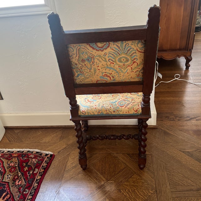 Late 19th Century Pair (2) Carved Oak Lion Heads Twisted Legs Modern Upholstery English Jacobean Revival Side Chairs For Sale - Image 10 of 12