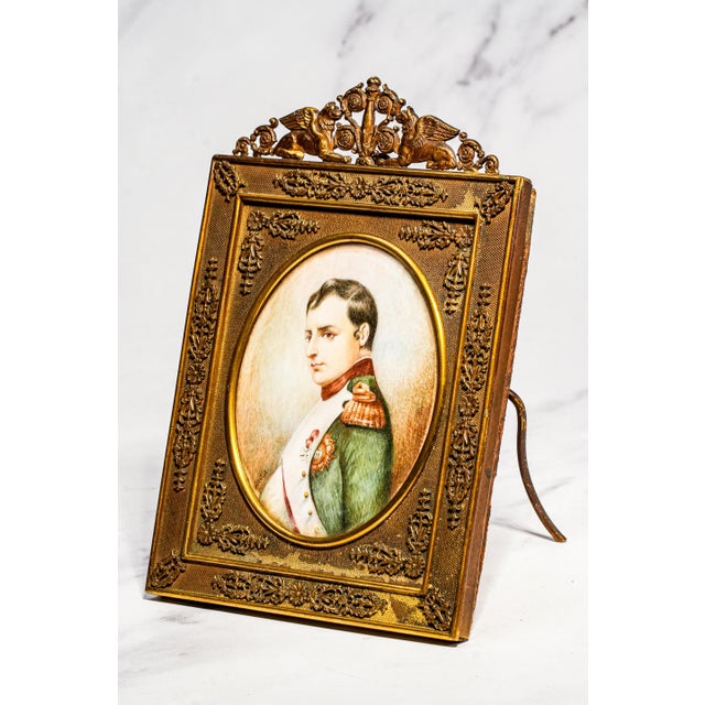 Ornate French Empire Style Antique Metal Frame Napoleon Portrait Miniature Painting Home Decor For Sale - Image 13 of 17
