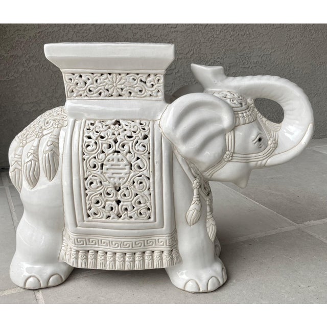 Circa 1970 Fabulous Linen-Hued Earthenware Elephant Garden Stool / Plant Stand For Sale - Image 12 of 18