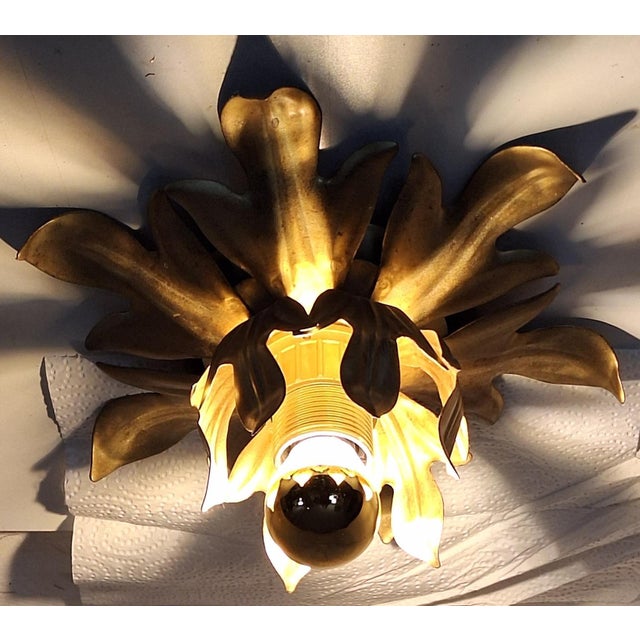 Flat Florentine Ceiling Lamp with Gold-Bronze Metal Frame, 1980s For Sale - Image 3 of 8