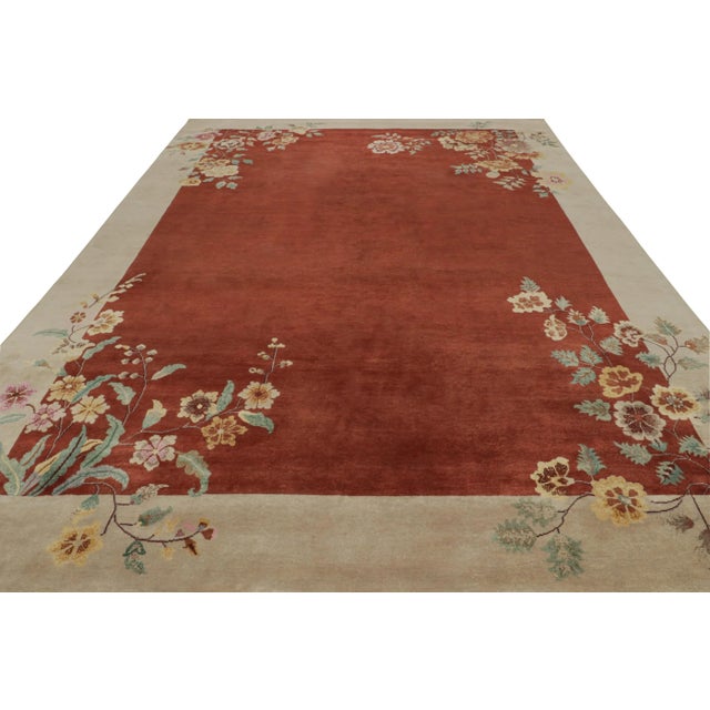 Art Deco Rug & Kilim’s Chinese Art Deco Style Rug in Red & Cream With Floral Pattern For Sale - Image 3 of 7