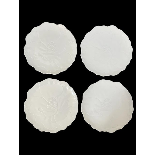 Ceramic 7 VTG Dorothy C. Thorpe MCM Embossed Magnolia Dot5 White Dinner Plates For Sale - Image 7 of 7