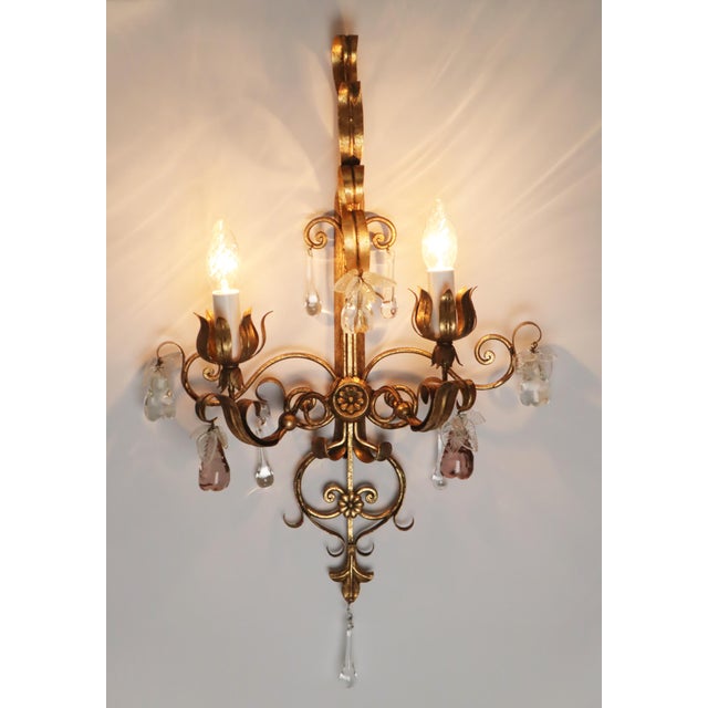 Hollywood Regency Venetian Style Wall Sconce with Crystal Bulbs and Leaves, 1950s For Sale - Image 15 of 16