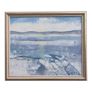 Vintage Mid Century Framed Oil Painting, Abstract Coastal Landscape - Icy Winter