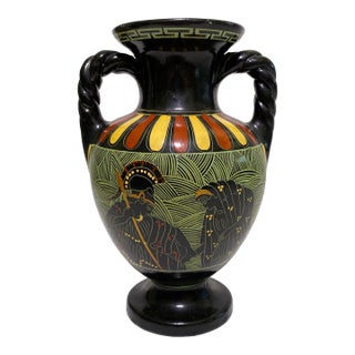 Mid 20th Century Greek Pottery Black Urn With Twisted Handles For Sale