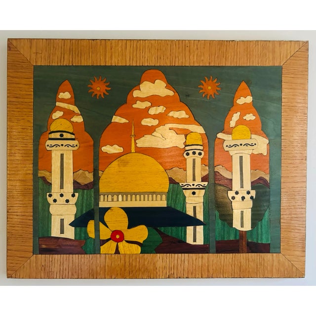Vintage handmade, inlaid wood plaque of the Dome of the Rock in Jerusalem. Incredible landscape with architecture....