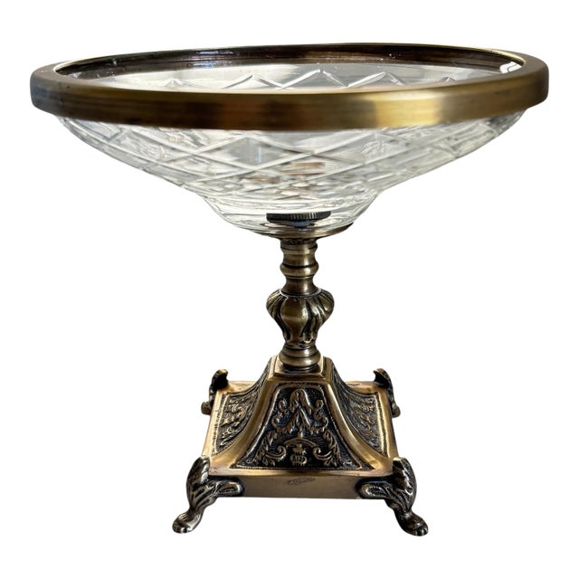 Vintage Early 1900s Cut Glass Ornate Gold Pedestal Bowl For Sale
