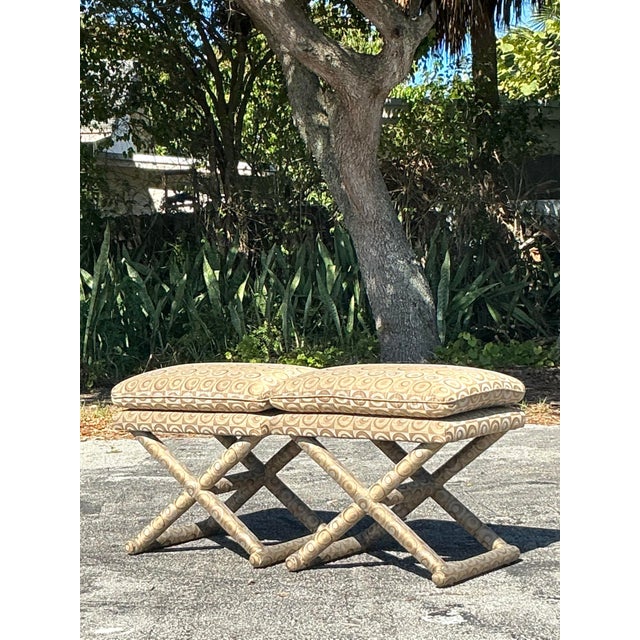 Early 21st Century Vintage Boho Mod Jacquard X Bench - A Pair For Sale - Image 5 of 12