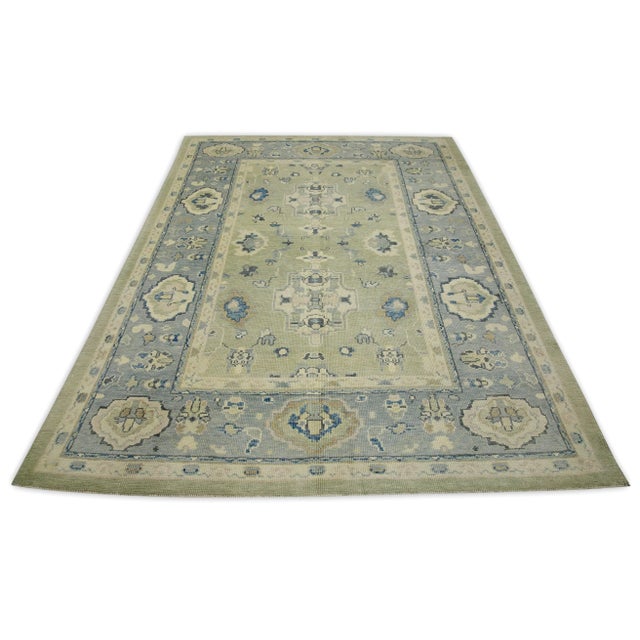Early 21st Century Green & Blue Floral Design Handwoven Wool Turkish Oushak Rug 6'2" X 8'2" For Sale In Houston - Image 6 of 8