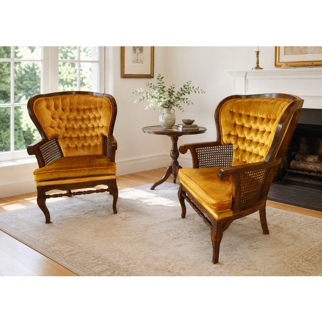 Pair of Monumental 1970s Cane and Gold Velvet Horseshoe Wingback Chairs For Sale - Image 17 of 17