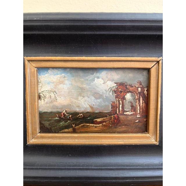 Late 18th Century Antique Italian Capriccio Framed Oil Painting of Landscape With Ruins Attributed to Francesco Guardi For Sale - Image 5 of 11
