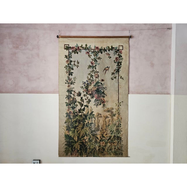 Decorative Window Panel in Fabric with Gouache Print of Garden Motif with Birds and Flowers, 1890s For Sale - Image 11 of 11