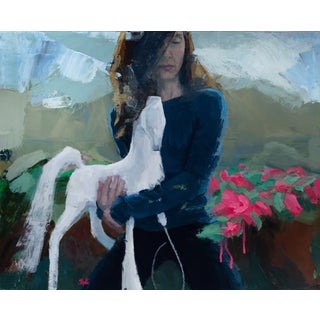 Rain King by Shelli Langdale | Oil on gallery panel Woman holding a white horse figurine among flowers. For Sale
