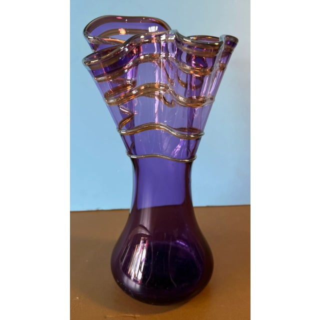 Contemporary Signed Rich Pitkethly Art Glass Amethyst Handkerchief Vase With Swirled Lines For Sale - Image 3 of 12