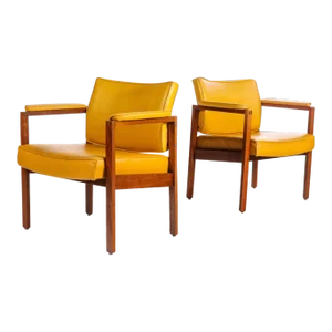 Lounge Chairs in Walnut & Original Mustard Fabric in the Manner of Jens Risom, USA, circa 1960's - A Pair