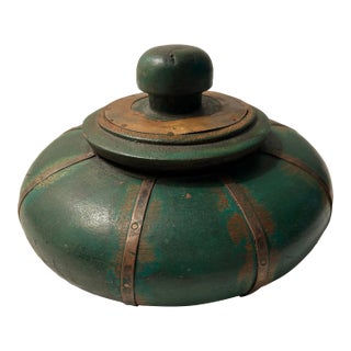 Antique Asian Wood Tobacco Container With Lid and Brass Accent Straps For Sale